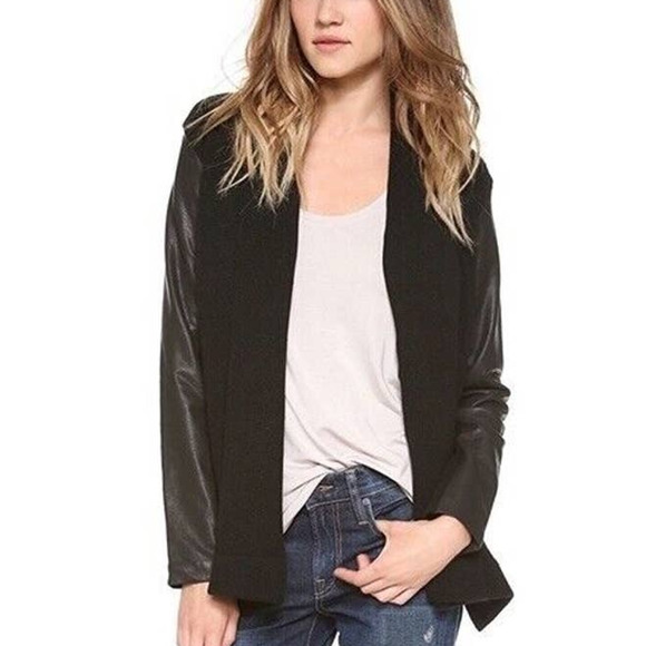 Vince Wool Yak Leather Sleeve Shawl Drape Open Cardigan Sweater Black Women's S - Picture 1 of 7